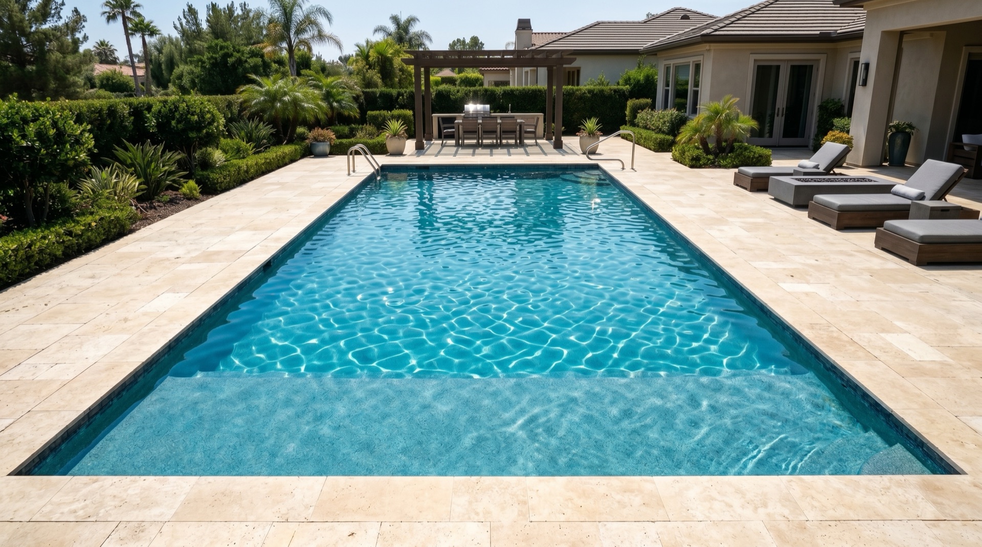 The same pool after cleaning — crystal-clear blue water.
