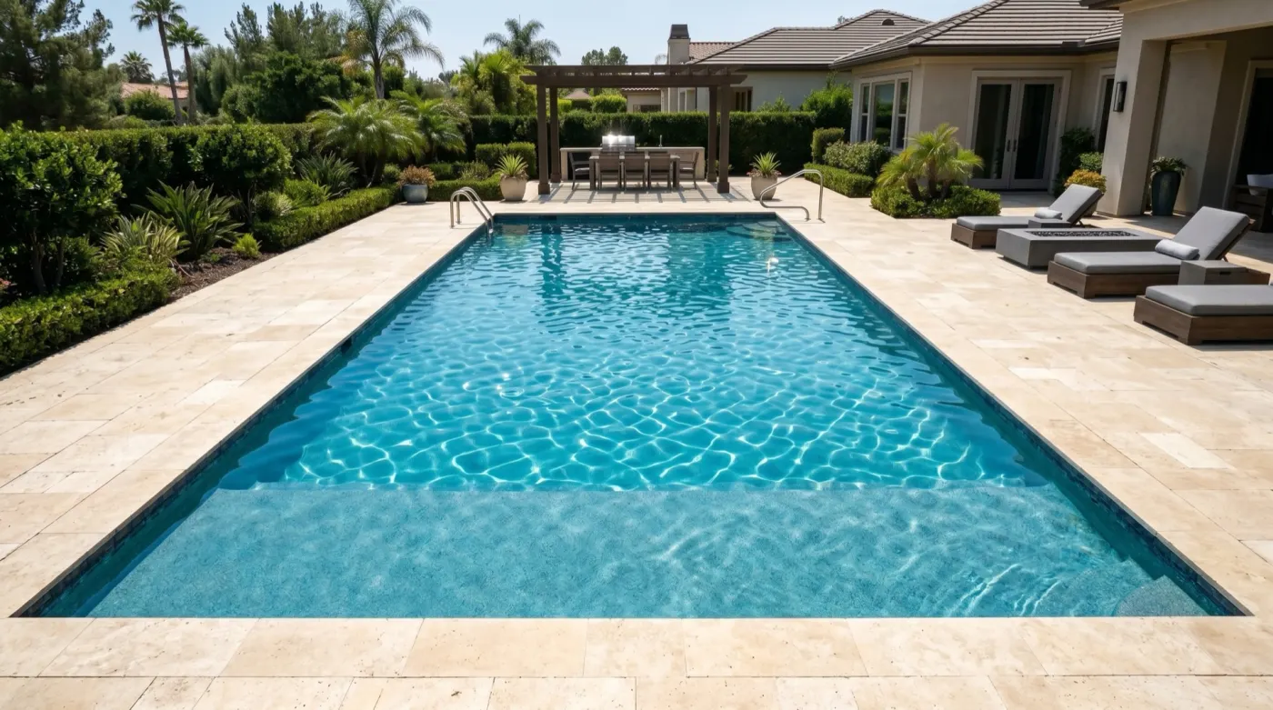 The same pool after cleaning — crystal-clear blue water.