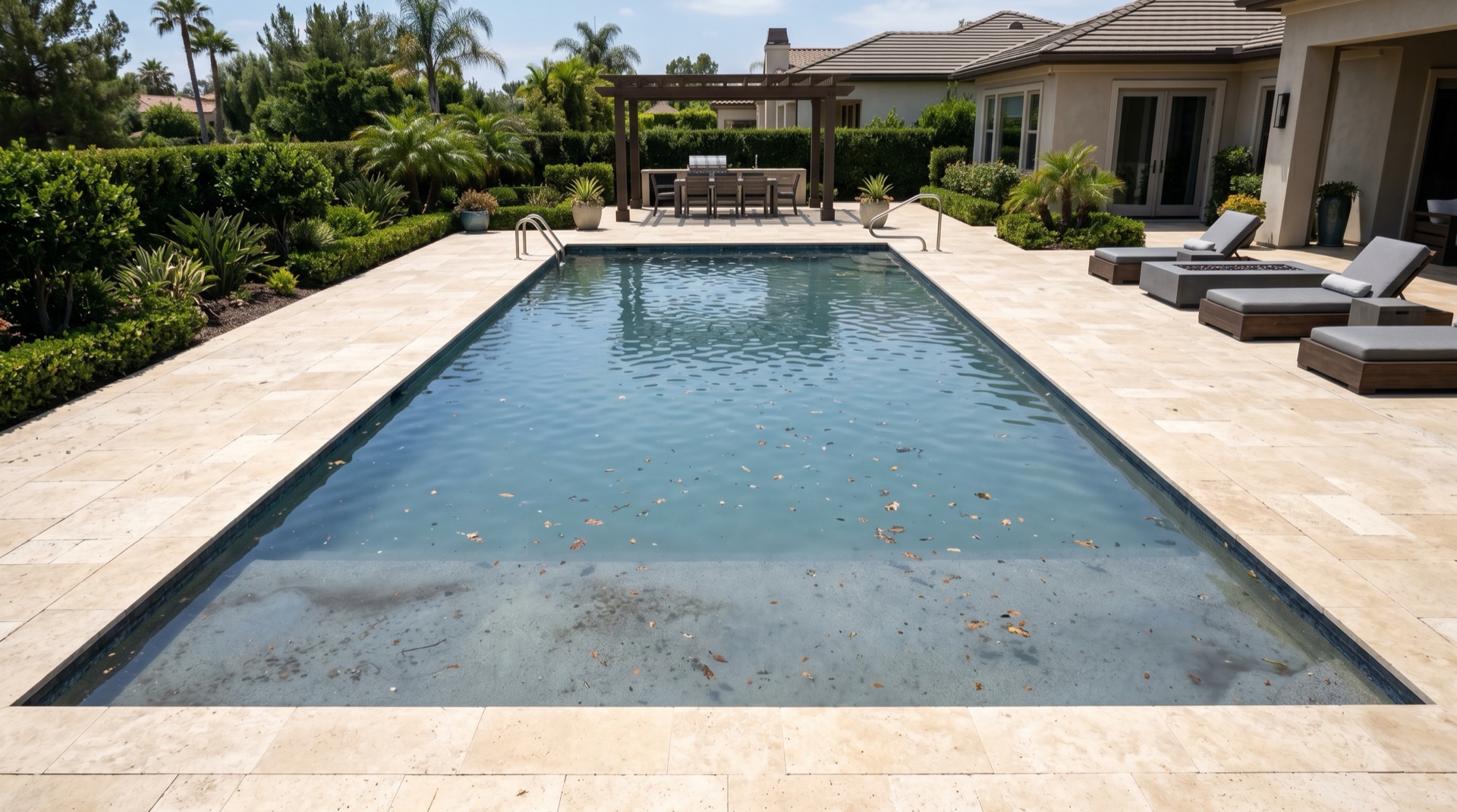 Pool before cleaning — murky water with leaves and debris.